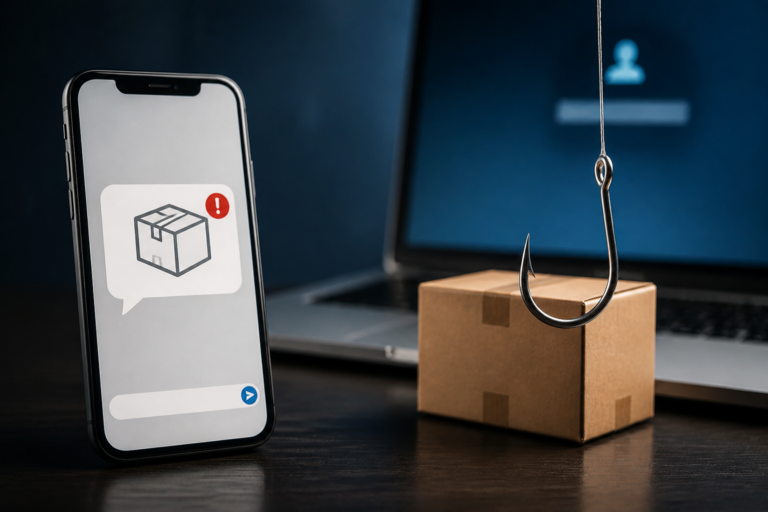KI-generiertes Symbolbild zu Phishing und falsche Paket-SMS erkennen: So schützen Sie Konten und Smartphone