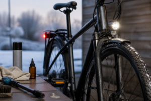 KI-generiertes Symbolbild zu Fahrrad winterfest machen: Bremsen, Beleuchtung und Pflege richtig prüfen