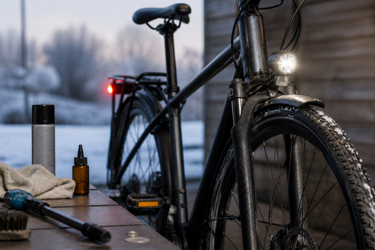 KI-generiertes Symbolbild zu Fahrrad winterfest machen: Bremsen, Beleuchtung und Pflege richtig prüfen